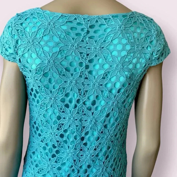 JAX Cap Sleeves Eyelet Crocheted Lace Shift Dress Pleated Hem Size 12 Teal Retro - Picture 10 of 16